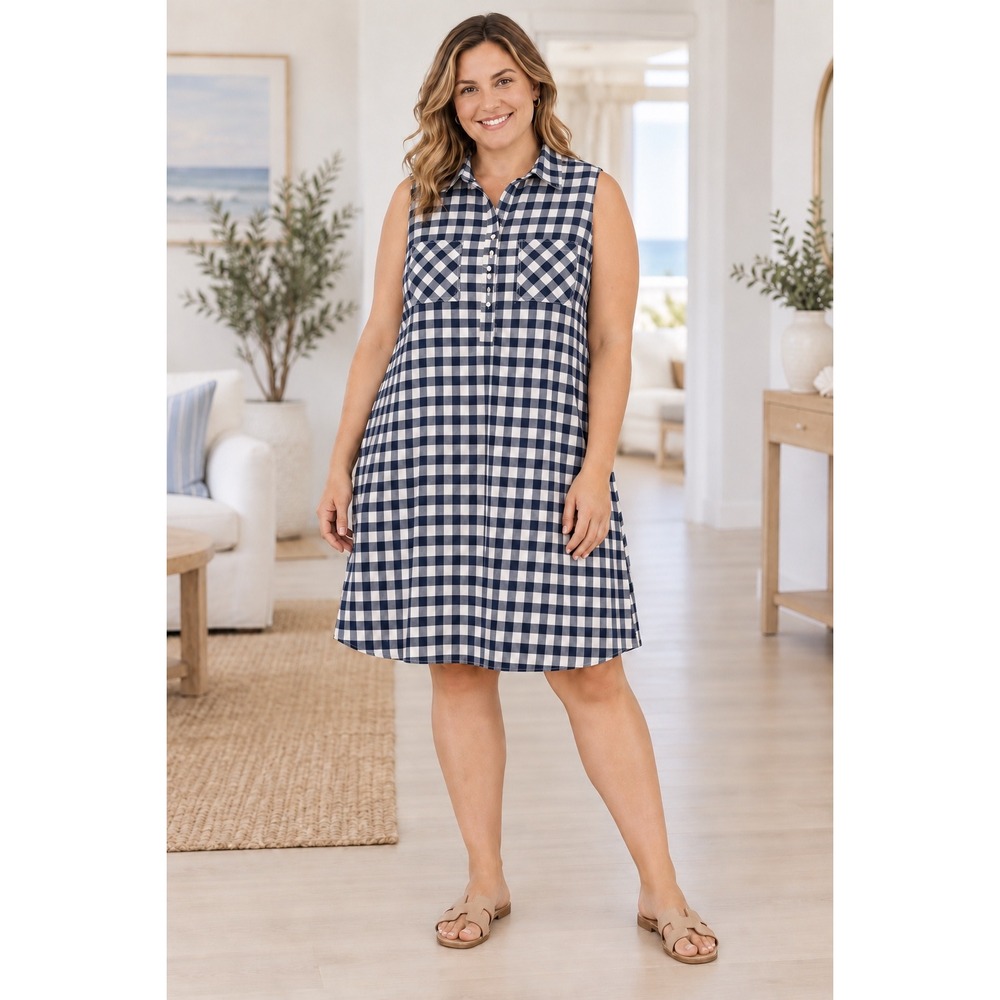 Lands End Gingham Linen Blend Dress Navy White Sleeveless Cottagecore 20W